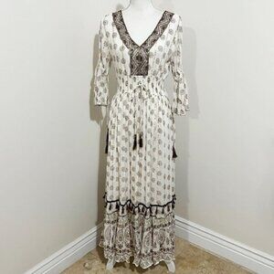 Me 2 Magic Anthropologie Brown & White Boho Maxi Dress Metallic Stripes M